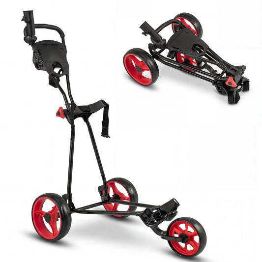 3 Wheel Folding Golf Push Cart with Adjustable Height Handle and Foot Brake-Red