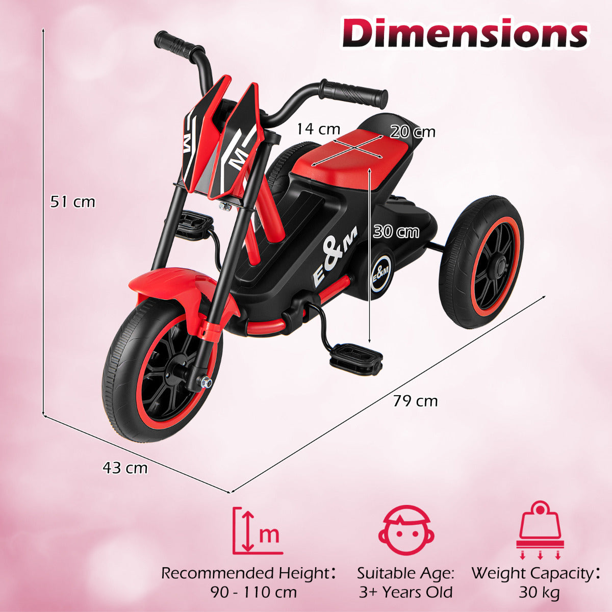 3-Wheel Toddler Bike with Foot Pedals and Steering Handlebars-Red