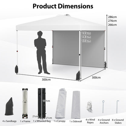 3 x 3 m Pop up Canopy Tent with 1 Sidewall Wheeled Bag-White