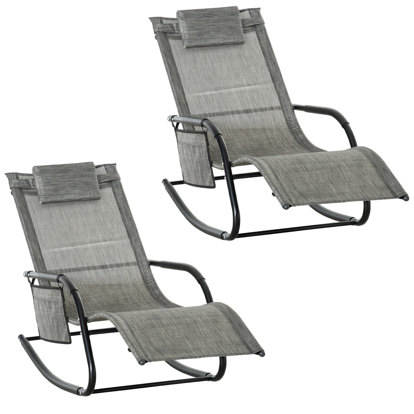 Outsunny 2PCs Outdoor Garden Rocking Chair, Patio Sun Lounger Rocker Chair with Breathable Mesh Fabric, Removable Headrest Pillow, Armrest, Side Storage Bag, Dark Grey