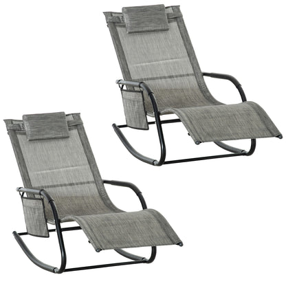 Outsunny 2PCs Outdoor Garden Rocking Chair, Patio Sun Lounger Rocker Chair with Breathable Mesh Fabric, Removable Headrest Pillow, Armrest, Side Storage Bag, Dark Grey