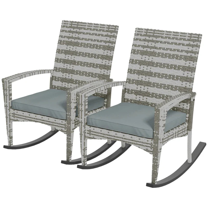 Outsunny Outdoor PE Rattan Rocking Chair Set of 2, Garden Rocking Chair Set with Armrest and Cushion, Light Grey