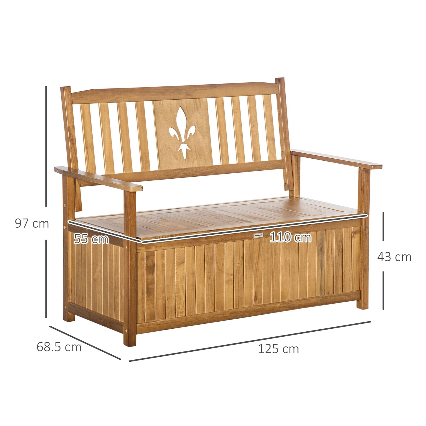 Outsunny 2 Seater Wood Garden Storage Bench, Outdoor Storage Box, Patio Seating Furniture, 125 x 68.5 x 97cm, Natural