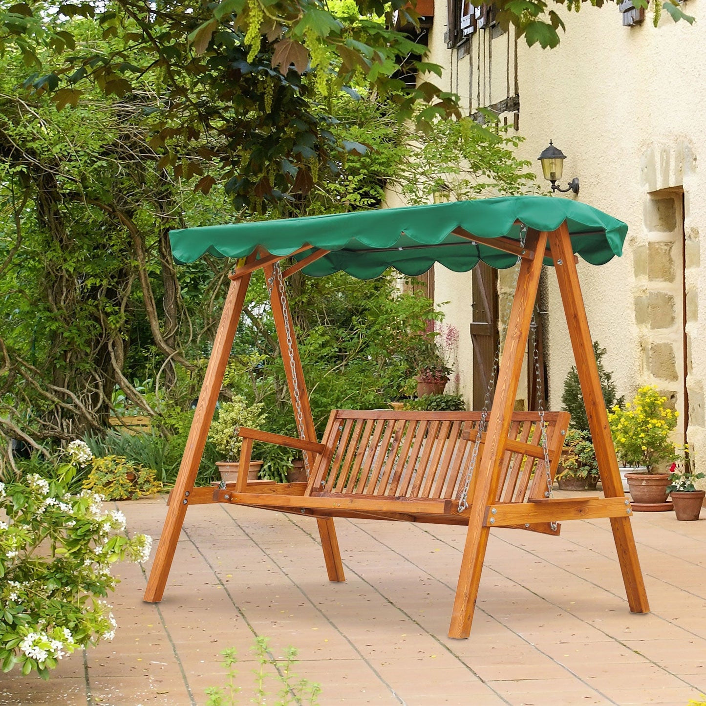 Outsunny 3-Seater Wooden Garden Swing Chair Seat Bench, Green