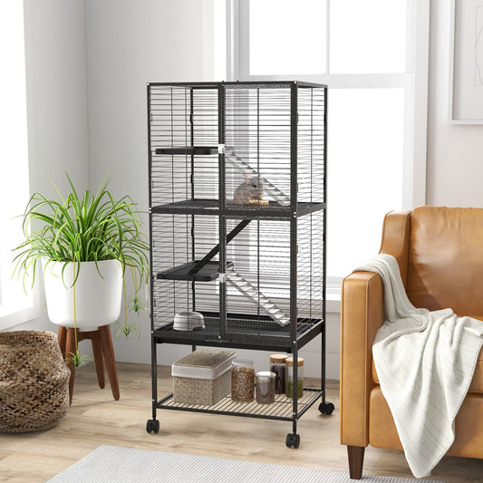 PawHut Rolling Chinchilla Cage, mała klatka dla fretek z trzema drzwiami, przechowywaniem, półką, tacką, miską i butelką na wodę