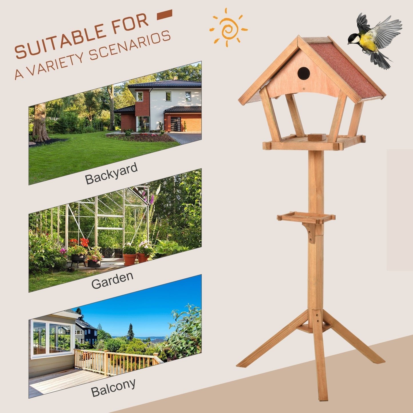 PawHut Wooden Bird Feeder Stand for Garden Pre-cut Weather Resistant 49 x 45 x 139cm