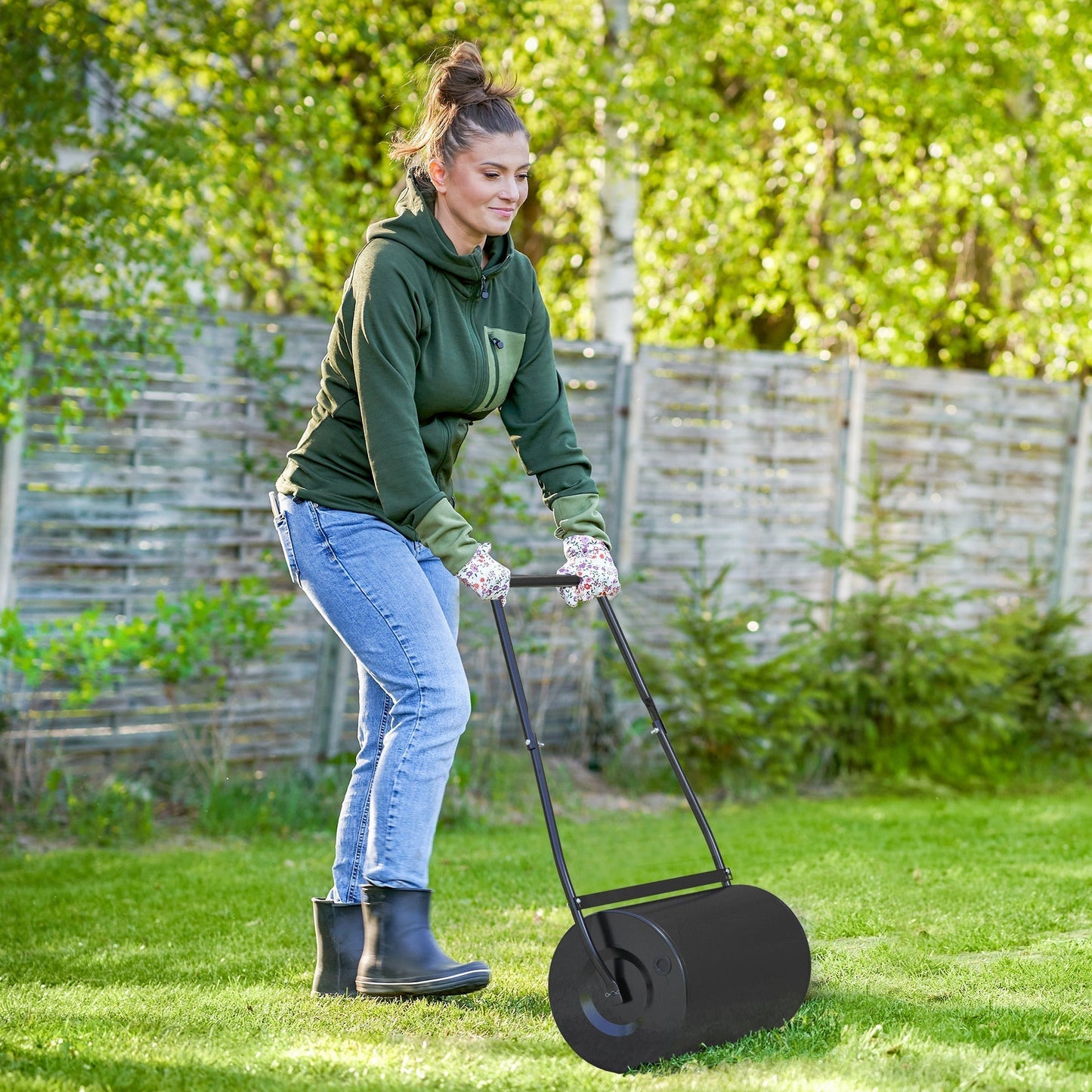 DURHAND 38L Garden Lawn Roller, Water Sand Filled Outdoor Grass Roller, Heavy Duty Metal Lawn Push Rolling Tool Aerator for Grass Seeding, Soil Levelling, Black