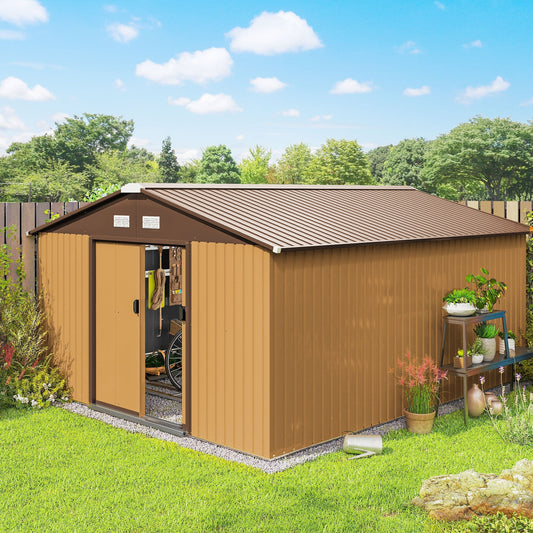 Outsunny 13 x 11ft Metal Garden Shed, Outdoor Storage Tool House with Ventilation Slots, Foundation Kit and Lockable Double Doors, Light Brown