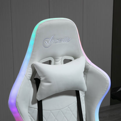 Vinsetto Gaming Chair w/ RGB LED Light, Arm, Swivel Home Office Gamer Recliner, White