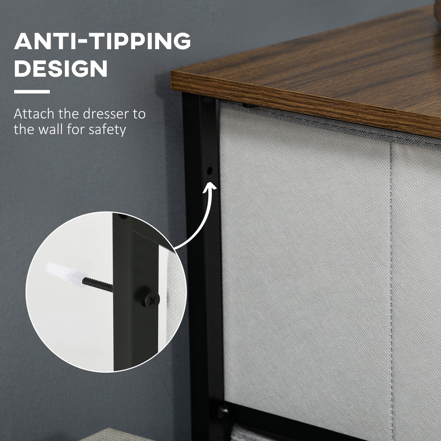 HOMCOM Fabric Chest of Drawers, Industrial Bedroom Dresser with 8 Fabric Drawers, Steel Frame and Wooden Top for Nursery, Living Room, Hallway, Grey