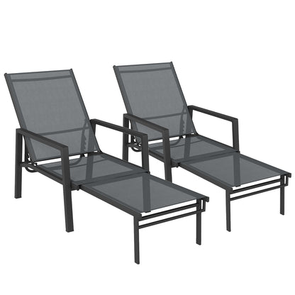 Outsunny Sun Loungers Set of 2 Retractable Footrest 5-Position Adjustable Steel Frame for Beach, Porch, Patio, Camping, Dark Grey