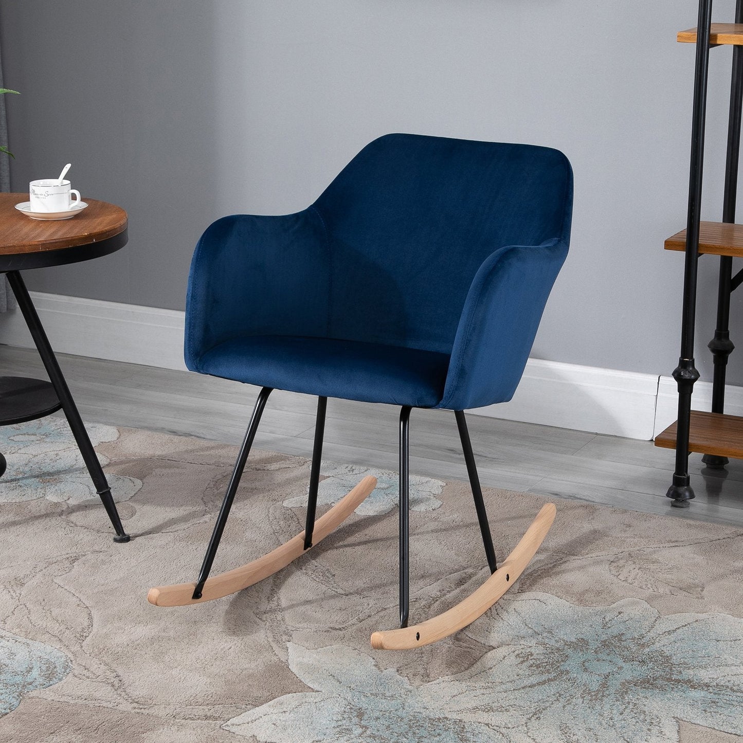 Rocking Armchair with Wooden Leg Metal Frame for Home Office Blue