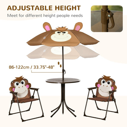 Kids Picnic & Table Chair set, Outdoor Folding Garden Furniture w/ Monkey Design, Removable, Adjustable Sun Umbrella, Ages 3-6 Years - Brown