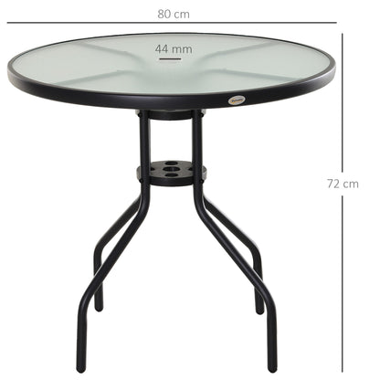 Outsunny Garden Table Outdoor Round Dining Coffee Table with Parasol Hole, Tempered Glass Top Side Table - 80cm Diameter