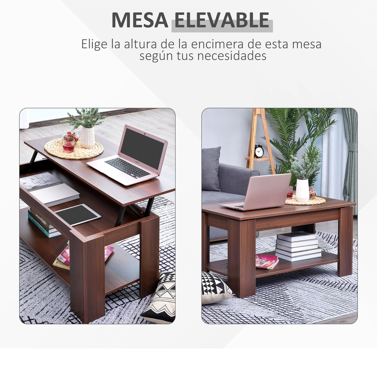 HOMCOM Lift Up Top Coffee Table with Hidden Storage and Open Shelf, Modern Wooden Sofa Side End Tea Table for Living Room 100W x 50D x 63H cm