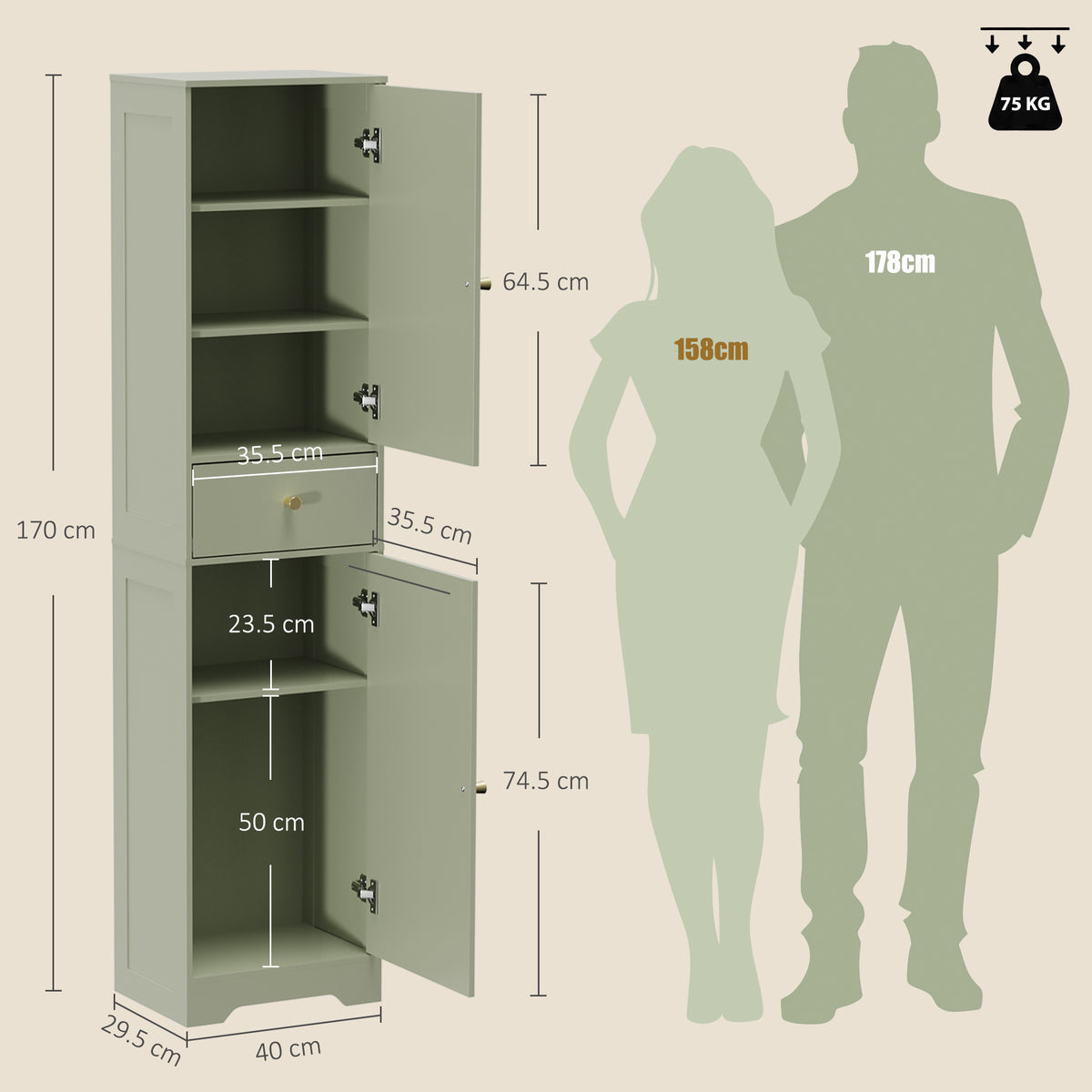 HOMCOM Tall Bathroom Cabinet with Arched Doors - Light Green