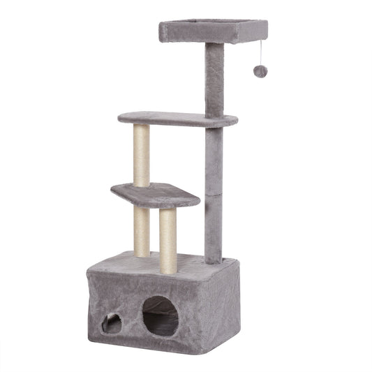 PawHut Cat Tree Kitten Tower مركز أنشطة من 4 مستويات أثاث للحيوانات الأليفة مع عمود خدش من السيزال، مجثمات قطيفة معلقة، ألعاب كروية باللون الرمادي