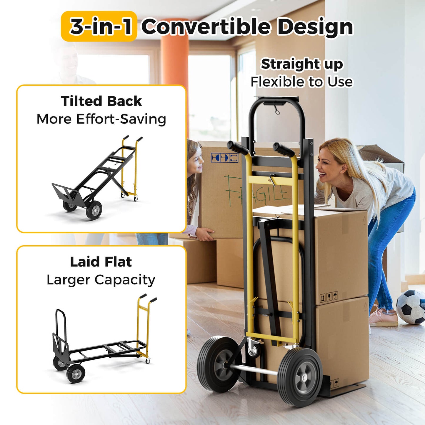 3-in-1 Convertible Hand Truck Metal Dolly Cart with 450kg Load Capacity-Black