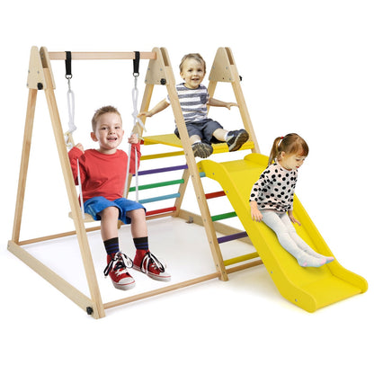 3-in-1 Foldable Indoor Jungle Gym Wooden Climbing Toys with Swing-Multicolor