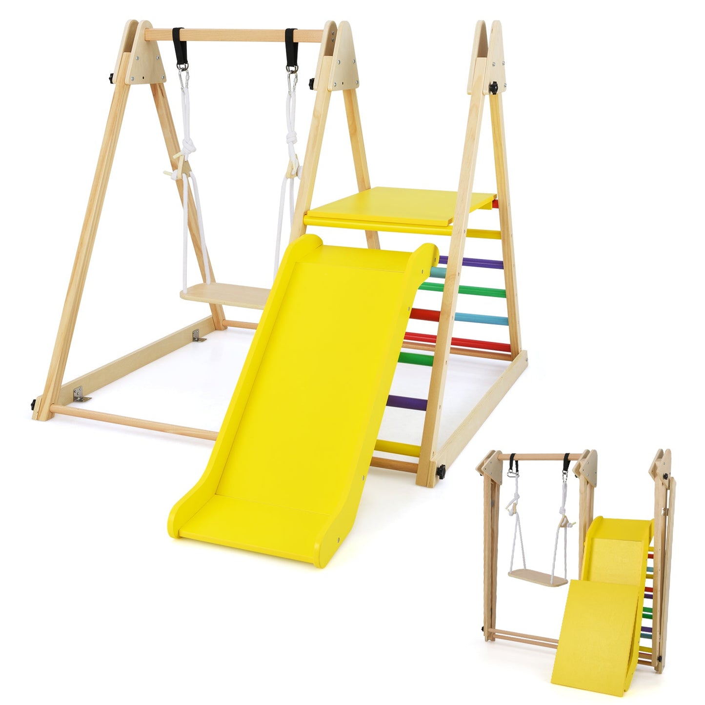 3-in-1 Foldable Indoor Jungle Gym Wooden Climbing Toys with Swing-Multicolor