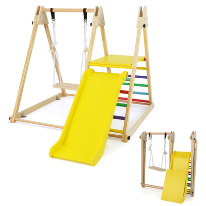 3-in-1 Foldable Indoor Jungle Gym Wooden Climbing Toys with Swing-Multicolor