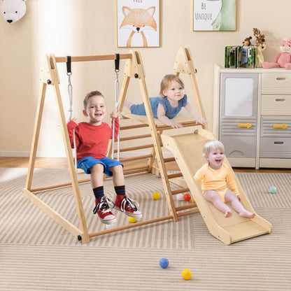 3-in-1 Foldable Indoor Jungle Gym Wooden Climbing Toys with Swing-Natural