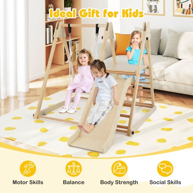 3-in-1 Foldable Indoor Jungle Gym Wooden Climbing Toys with Swing-Natural