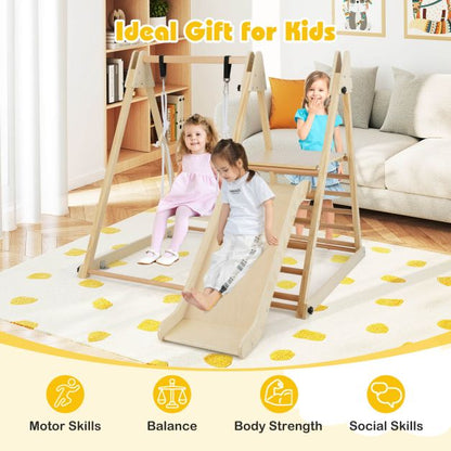 3-in-1 Foldable Indoor Jungle Gym Wooden Climbing Toys with Swing-Natural