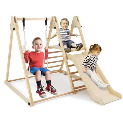3-in-1 Foldable Indoor Jungle Gym Wooden Climbing Toys with Swing-Natural