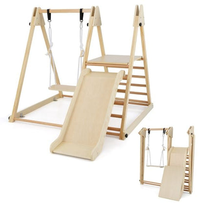 3-in-1 Foldable Indoor Jungle Gym Wooden Climbing Toys with Swing-Natural