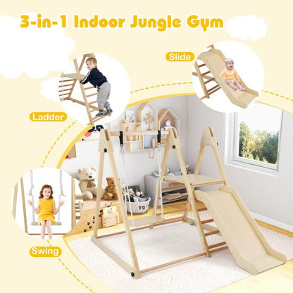 3-in-1 Foldable Indoor Jungle Gym Wooden Climbing Toys with Swing-Natural