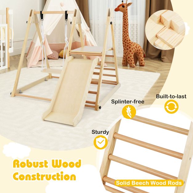3-in-1 Foldable Indoor Jungle Gym Wooden Climbing Toys with Swing-Natural