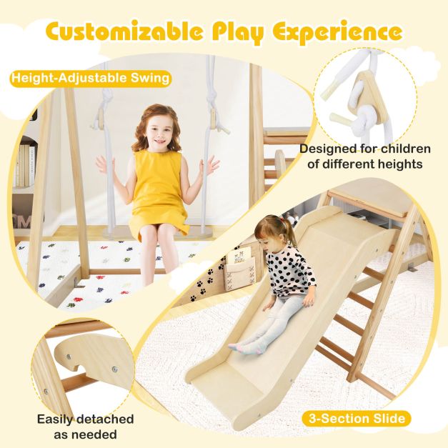 3-in-1 Foldable Indoor Jungle Gym Wooden Climbing Toys with Swing-Natural