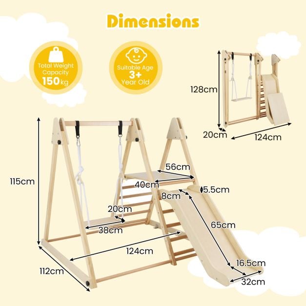 3-in-1 Foldable Indoor Jungle Gym Wooden Climbing Toys with Swing-Natural