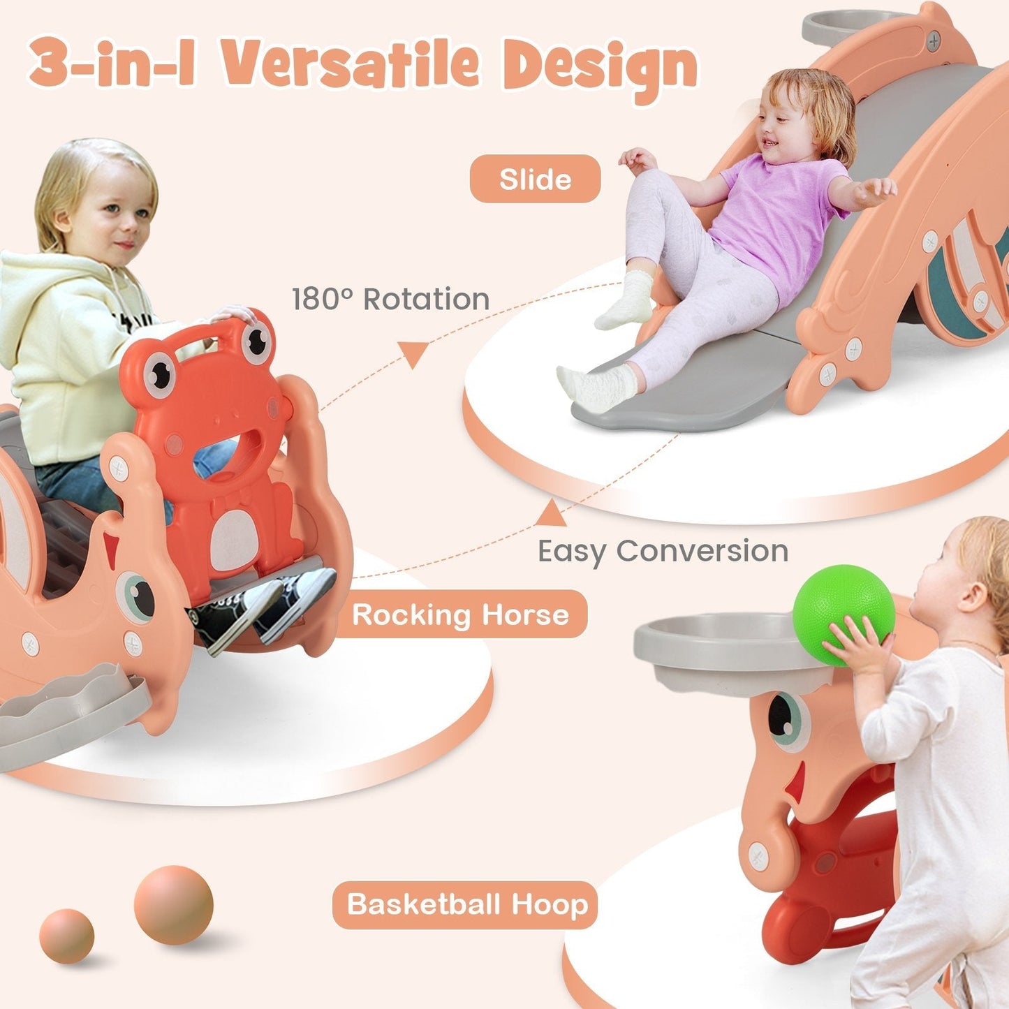 3-in-1 Kids Slide Rocking Horse Set Convertible with Basketball Hoop-Pink
