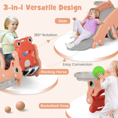 3-in-1 Kids Slide Rocking Horse Set Convertible with Basketball Hoop-Pink