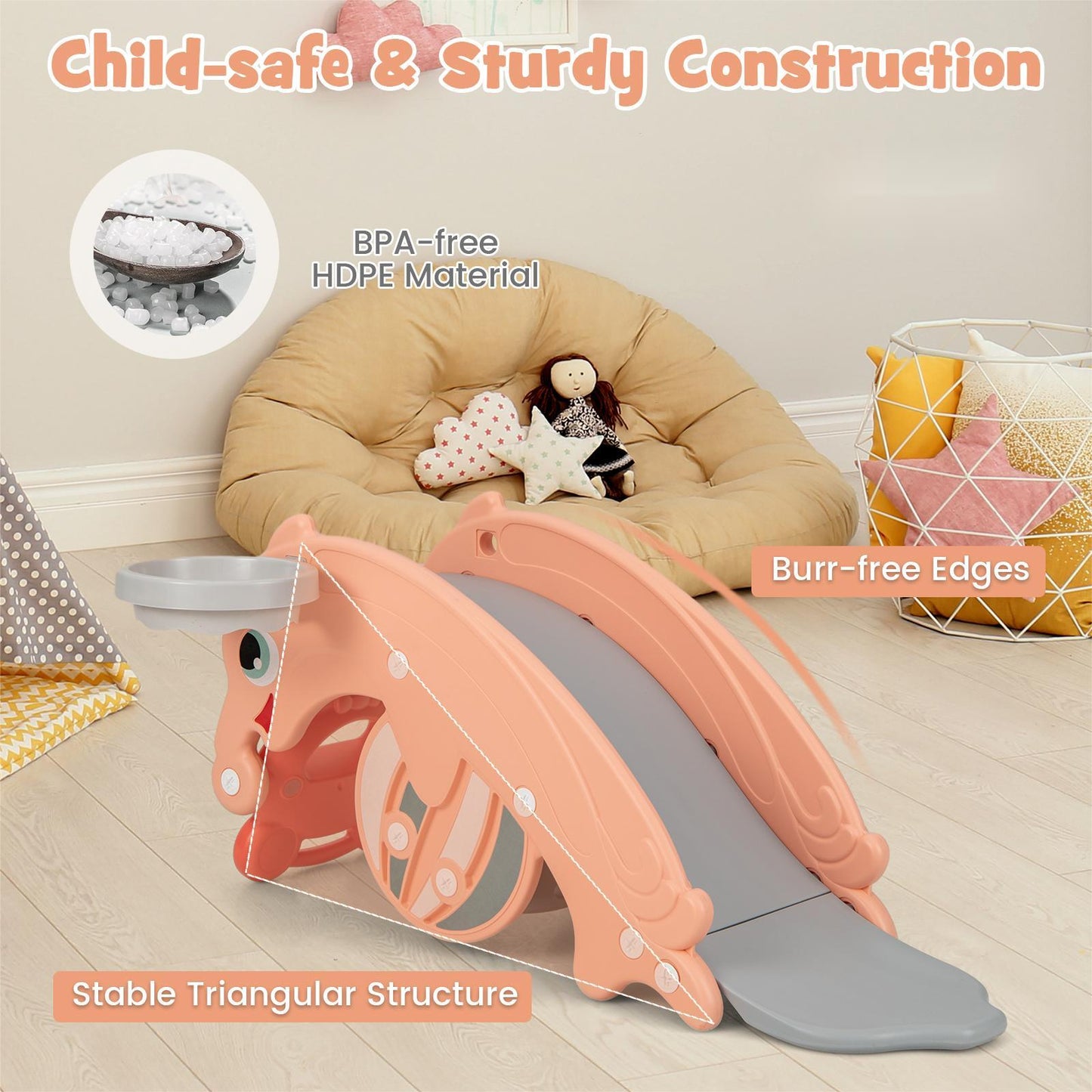 3-in-1 Kids Slide Rocking Horse Set Convertible with Basketball Hoop-Pink