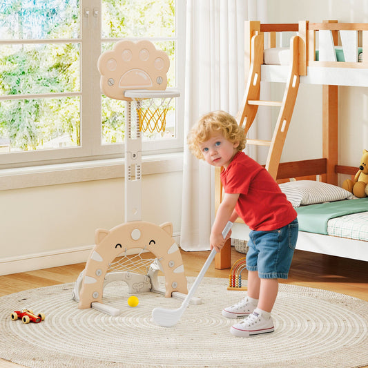 3-in-1 Kids Sports Center Adjustable Basketball Hoop with Soccer Game-Coffee