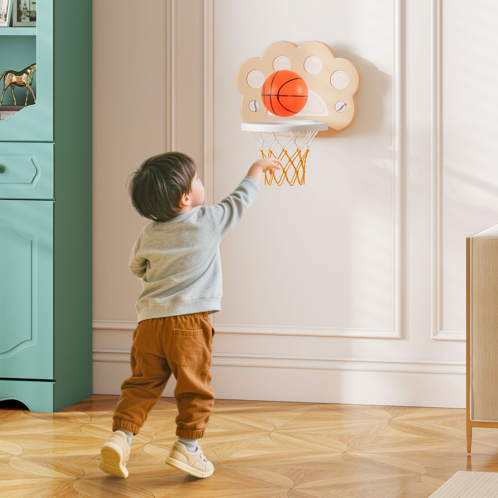 3-in-1 Kids Sports Center Adjustable Basketball Hoop with Soccer Game-Coffee