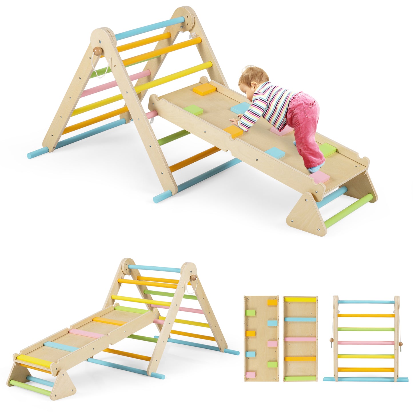 3-in-1 Pikler Triangle Climbing Set with Dual-Side Ramp and Adjustable Climbing Triangle-Multicolor