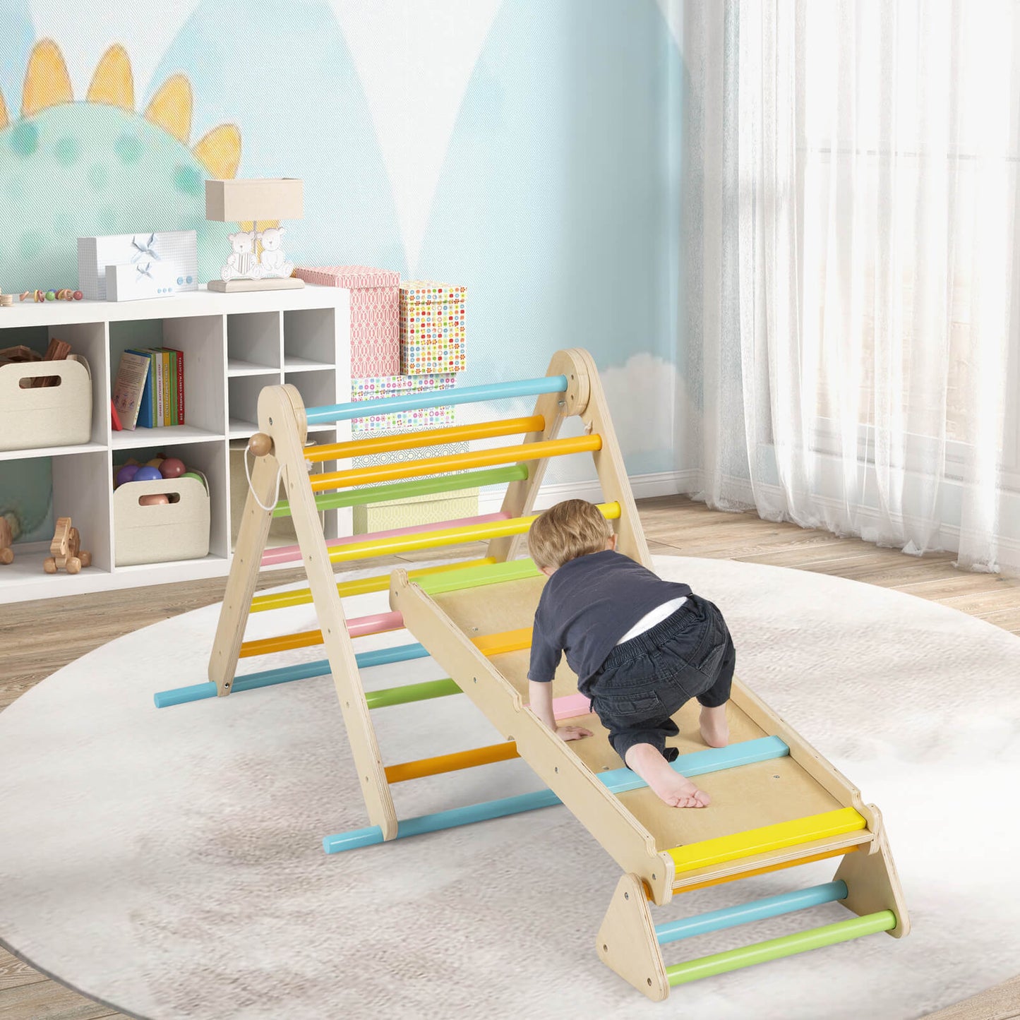 3-in-1 Pikler Triangle Climbing Set with Dual-Side Ramp and Adjustable Climbing Triangle-Multicolor