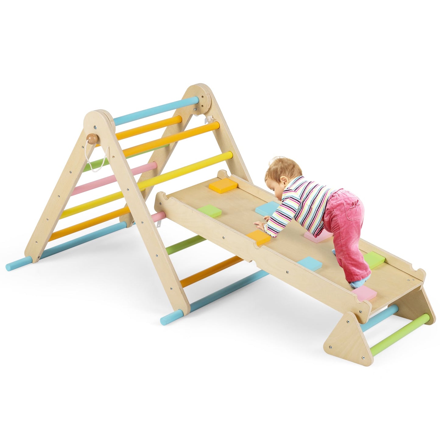 3-in-1 Pikler Triangle Climbing Set with Dual-Side Ramp and Adjustable Climbing Triangle-Multicolor