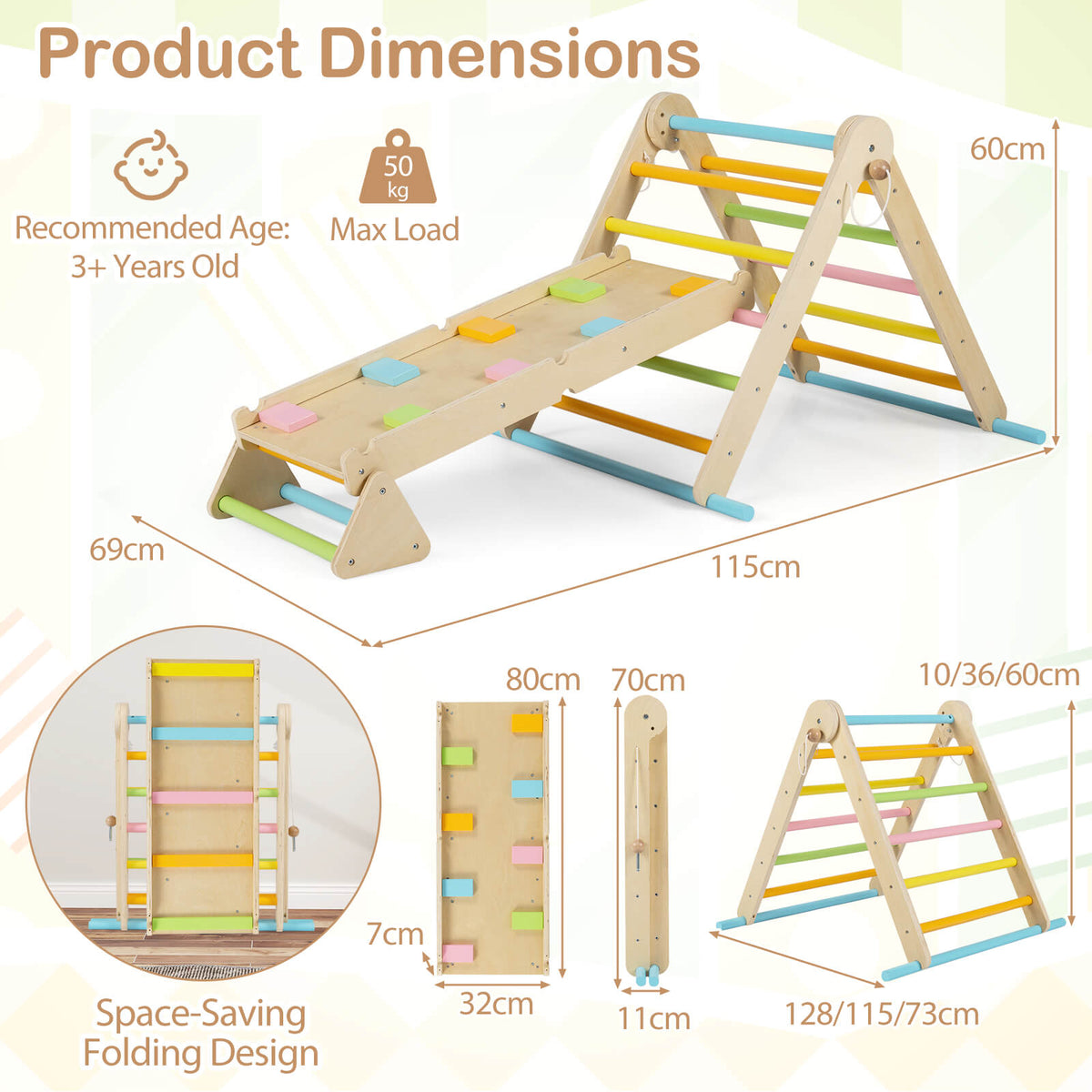 3-in-1 Pikler Triangle Climbing Set with Dual-Side Ramp and Adjustable Climbing Triangle-Multicolor