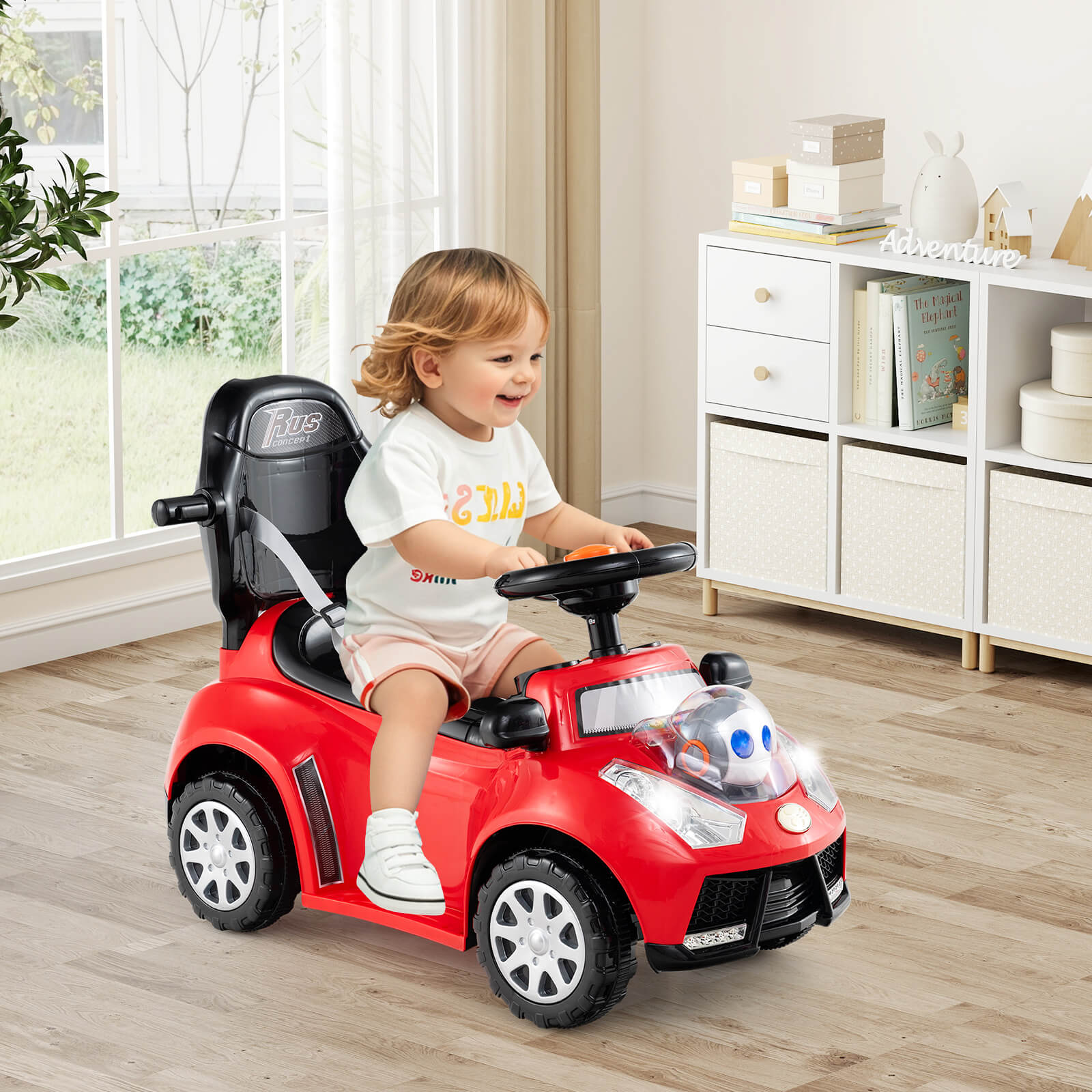3-in-1 Push Car for Toddler Sliding Car with Seat Belt and Canopy-Red