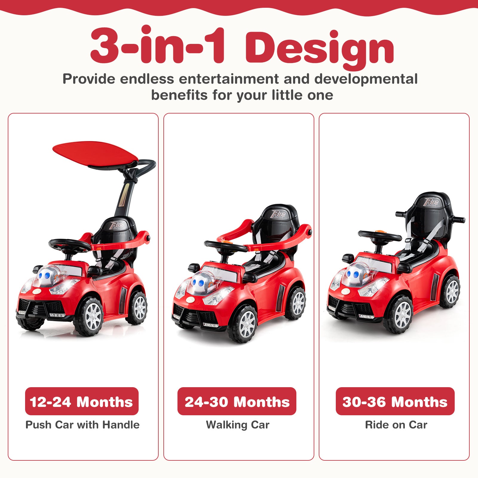 3-in-1 Push Car for Toddler Sliding Car with Seat Belt and Canopy-Red