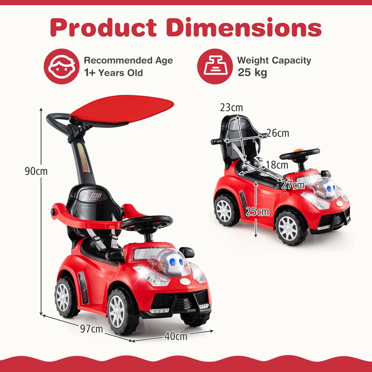 3-in-1 Push Car for Toddler Sliding Car with Seat Belt and Canopy-Red