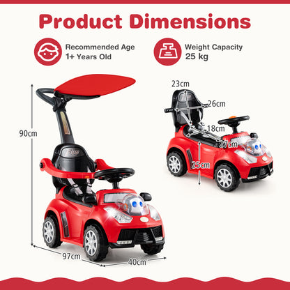 3-in-1 Push Car for Toddler Sliding Car with Seat Belt and Canopy-Red