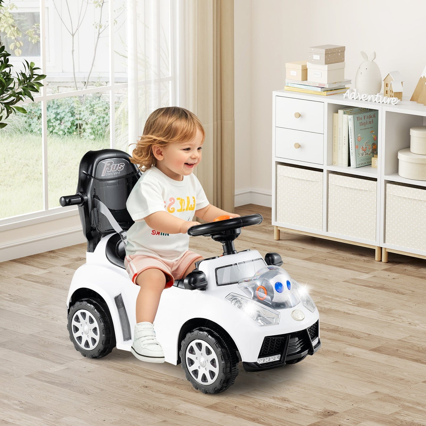 3-in-1 Push Car for Toddler Sliding Car with Seat Belt and Canopy-White