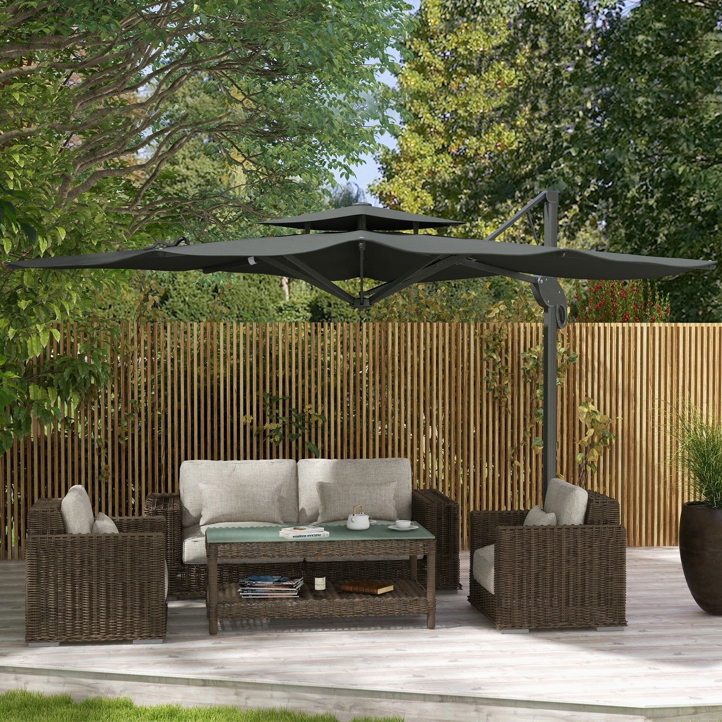 Outsunny Garden Parasol, 3(m) Cantilever Parasol with Hydraulic Mechanism, Dual Vented Top, 8 Ribs, Cross Base, Grey