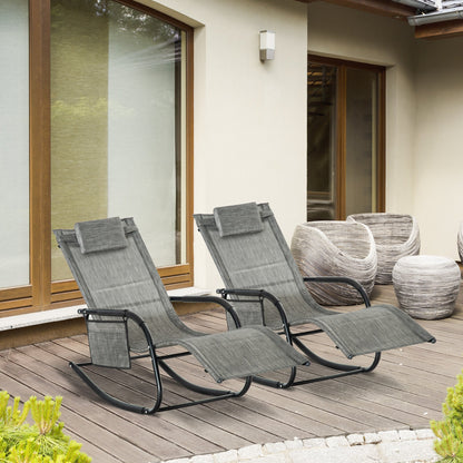 2 Piece Outdoor Garden Rocking Chair, Patio Sun Lounger Rocker With Breathable Mesh, Removable Headrest Pillow, Side Storage - Dark Grey